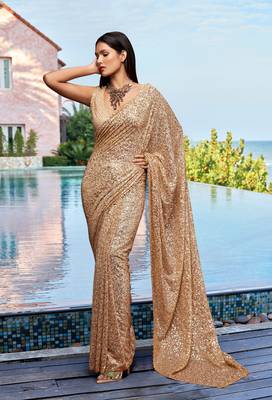 Beige georgette sequins embroidery work saree 3