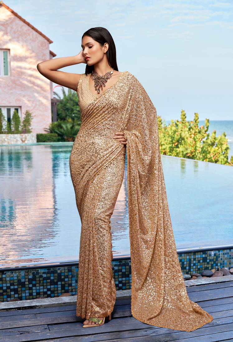 Beige Georgette Sequins Embroidery Work Saree