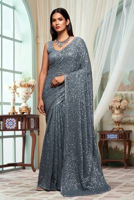Grey Georgette Sequins Work Party Wear Saree With Blouse Piece 1