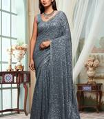 Grey Georgette Sequins Work Party Wear Saree With Blouse Piece