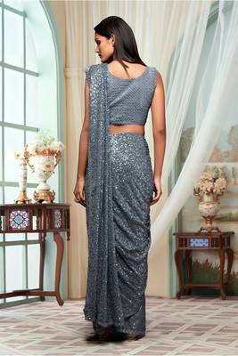 Grey Georgette Sequins Work Party Wear Saree With Blouse Piece 2