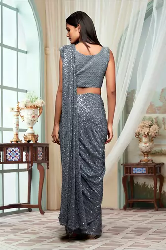 Trendmalls Grey Georgette Sequins Work Party Wear Saree With Blouse Piece