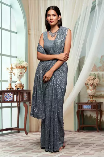 Trendmalls Grey Georgette Sequins Work Party Wear Saree With Blouse Piece