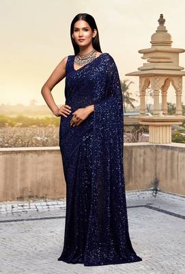 Navy blue Georgette Sequins Work Party Wear Saree With Blouse Piece 1