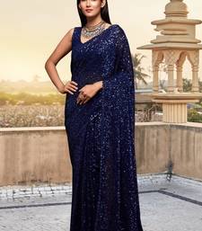 Navy blue Georgette Sequins Work Party Wear Saree With Blouse Piece