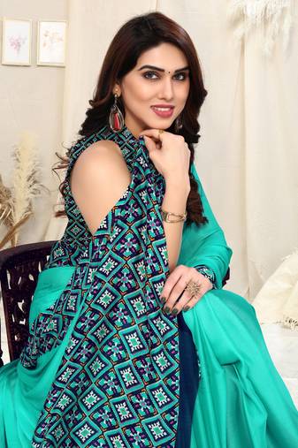 Pastel teal chiffon solid patola printed border saree with unstitched blouse piece