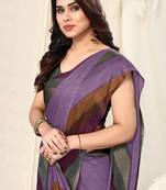 Purple Chiffon Solid Stripe Printed Border Saree With Unstitched Blouse Piece