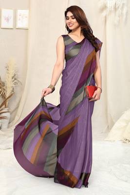 Purple Chiffon Solid Stripe Printed Border Saree With Unstitched Blouse Piece 2