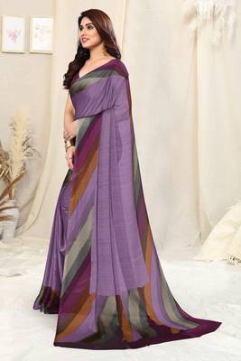 Purple Chiffon Solid Stripe Printed Border Saree With Unstitched Blouse Piece 3