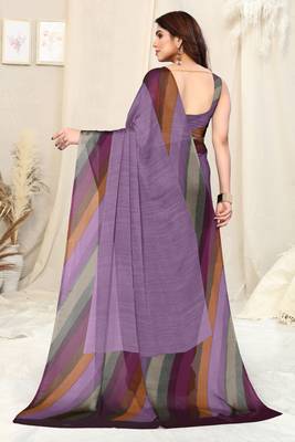 Purple Chiffon Solid Stripe Printed Border Saree With Unstitched Blouse Piece 4