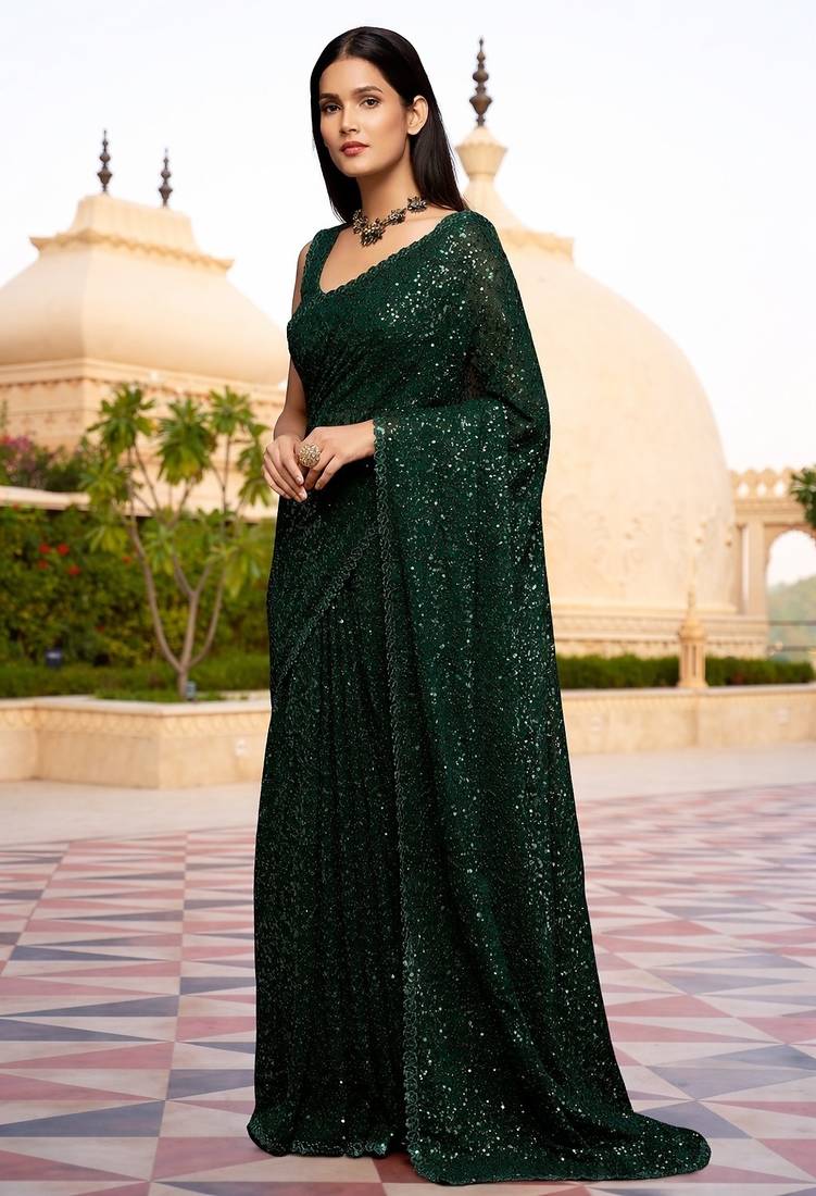 Trendmalls  Georgette Sequins Work Heavy Party Wear Saree With Blouse Piece