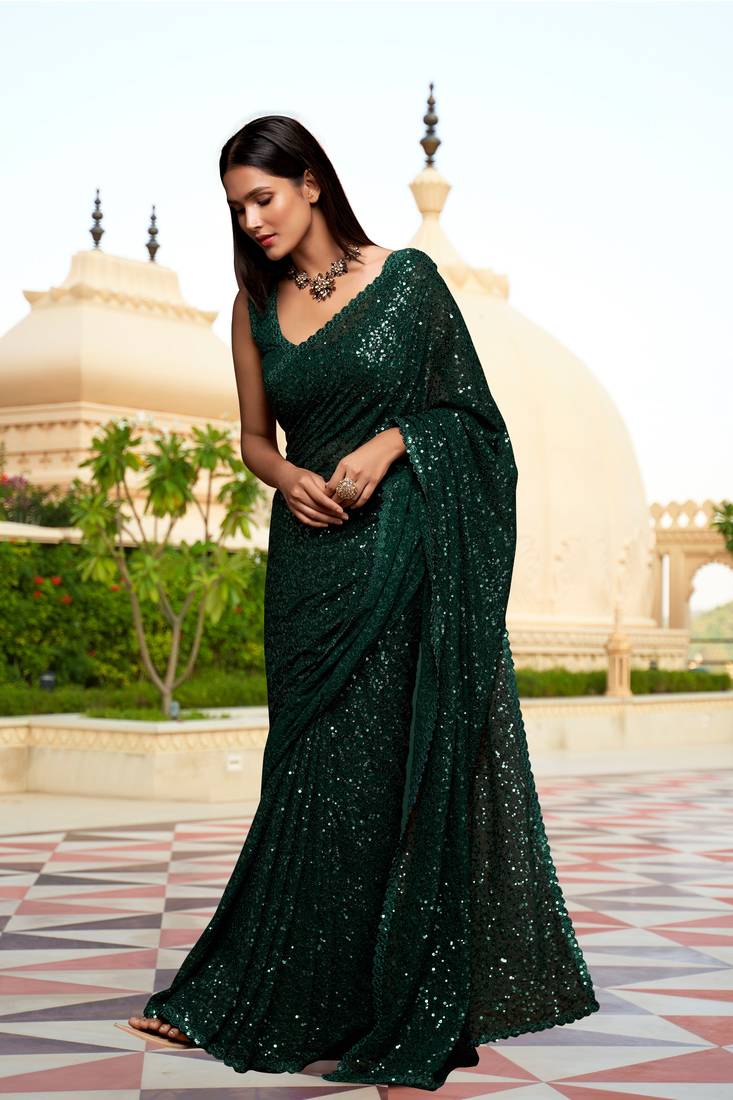  Georgette Sequins Work Heavy Party Wear Saree With Blouse Piece