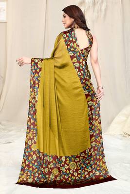 Mustard Chiffon Solid Kalmkari Printed Border Saree With Unstitched Blouse Piece 4