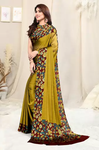 Mustard Chiffon Solid Kalmkari Printed Border Saree With Unstitched Blouse Piece