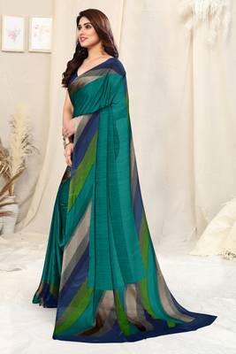 Teal Chiffon Solid Stripe Printed Border Saree With Unstitched Blouse Piece 1