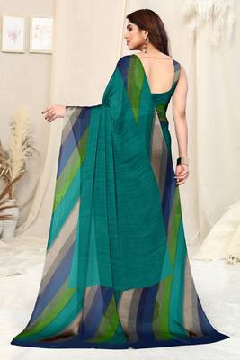 Teal Chiffon Solid Stripe Printed Border Saree With Unstitched Blouse Piece 3