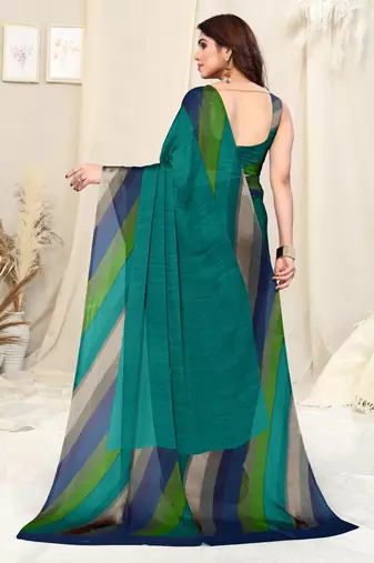 Teal Chiffon Solid Stripe Printed Border Saree With Unstitched Blouse Piece