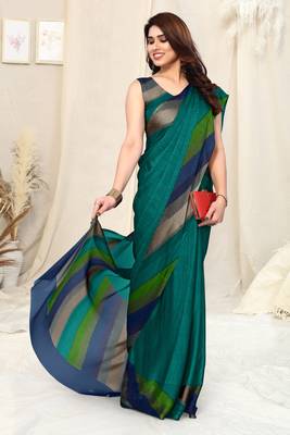 Teal Chiffon Solid Stripe Printed Border Saree With Unstitched Blouse Piece 5