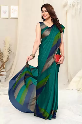 Teal Chiffon Solid Stripe Printed Border Saree With Unstitched Blouse Piece