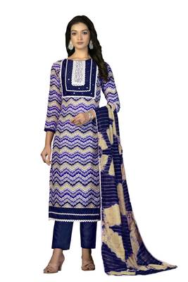 Women's multi designer print and mirror work with fancy border cotton dress material 1