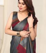 Grey chiffon solid stripe printed border saree with unstitched blouse piece