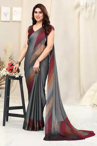 Grey chiffon solid stripe printed border saree with unstitched blouse piece
