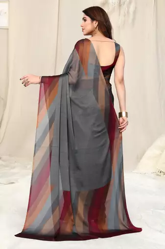 Grey chiffon solid stripe printed border saree with unstitched blouse piece