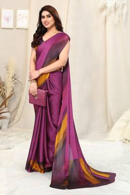 Magenta Chiffon Solid Stripe Printed Border Saree With Unstitched Blouse Piece 2