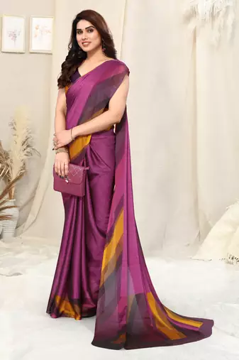 Magenta Chiffon Solid Stripe Printed Border Saree With Unstitched Blouse Piece