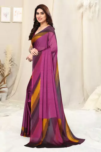 Magenta Chiffon Solid Stripe Printed Border Saree With Unstitched Blouse Piece