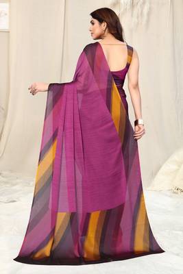 Magenta Chiffon Solid Stripe Printed Border Saree With Unstitched Blouse Piece 4
