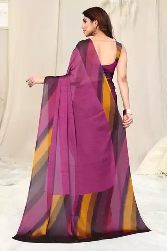 Magenta Chiffon Solid Stripe Printed Border Saree With Unstitched Blouse Piece