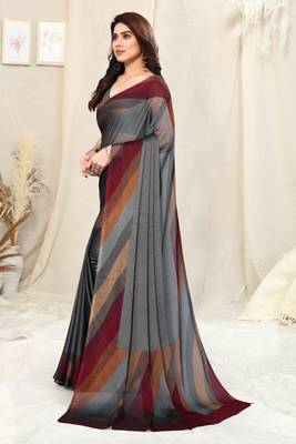 Grey chiffon solid stripe printed border saree with unstitched blouse piece 6