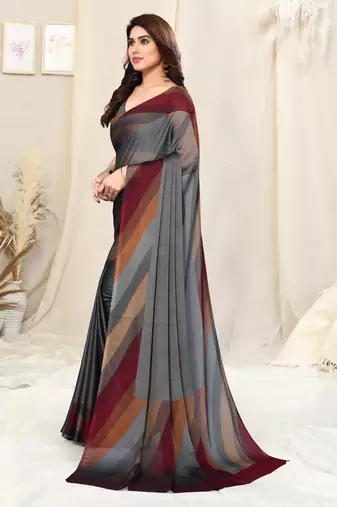 Grey chiffon solid stripe printed border saree with unstitched blouse piece