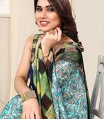 Light Turquoise Chiffon Leaf Print Cheked Saree With Unstitched Blouse Piece