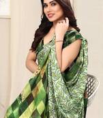 Mint Green Chiffon Leaf Print Cheked Saree With Unstitched Blouse Piece