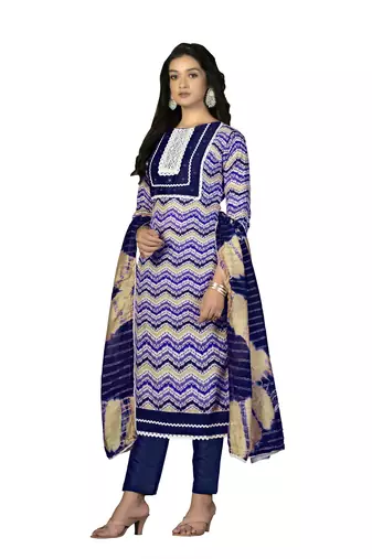 Women's multi designer print and mirror work with fancy border cotton dress material