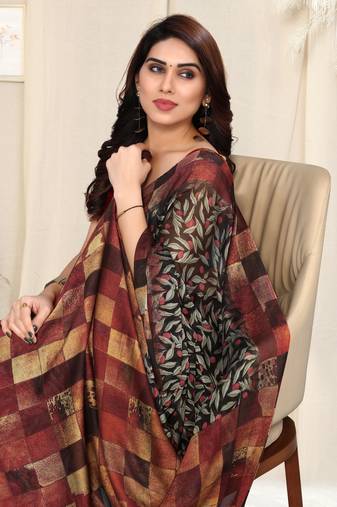 Black Chiffon Leaf Print Cheked Saree With Unstitched Blouse Piece