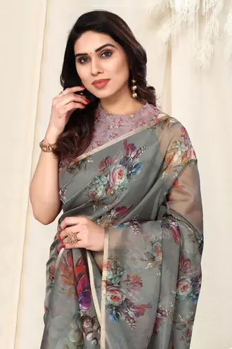 Light Grey(Taupe) Organza Floral Print Coper Zari Border Saree With Unstitched Blouse Piece