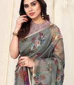 Light Grey(Taupe) Organza Floral Print Coper Zari Border Saree With Unstitched Blouse Piece