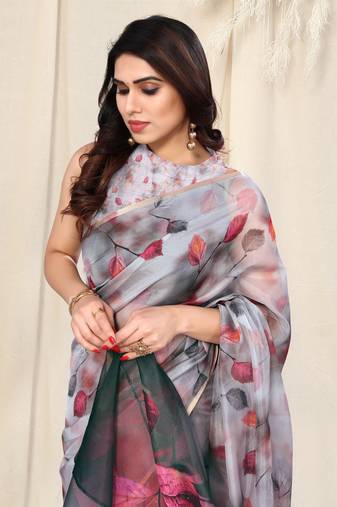Off White Organza Leaf Print Coper Zari Border Saree With Unstitched Blouse Piece