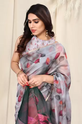 Off White Organza Leaf Print Coper Zari Border Saree With Unstitched Blouse Piece