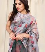 Off White Organza Leaf Print Coper Zari Border Saree With Unstitched Blouse Piece