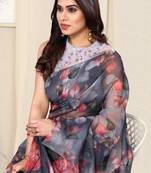 Blueish Grey Organza Leaf Print Coper Zari Border Saree With Unstitched Blouse Piece