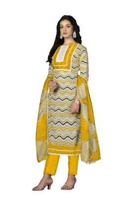 Women's multi designer print and mirror work with fancy border cotton dress material 2