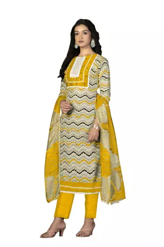 Women's multi designer print and mirror work with fancy border cotton dress material