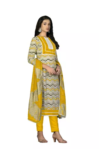 Women's multi designer print and mirror work with fancy border cotton dress material