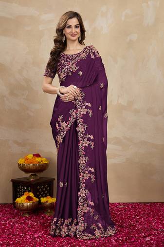 Purple Silk blend Embroidered Saree With Blouse 