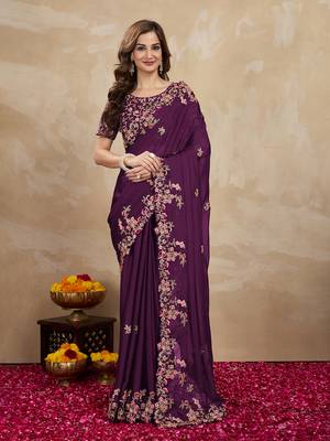 Trendmalls Purple Silk blend Embroidered Saree With Blouse  1