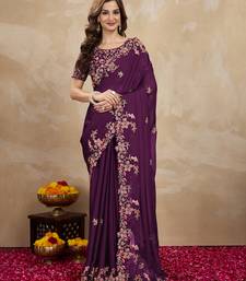 Trendmalls Purple Silk blend Embroidered Saree With Blouse 